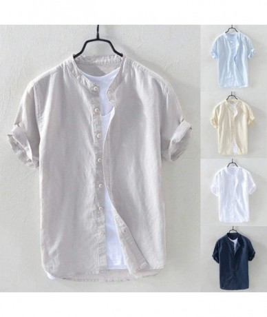 Rash Guards Cotton Linen Tops for Men Baggy Solid Short Sleeve Button Down Retro T Shirts - White - CQ18WYRG9Z8 $29.67