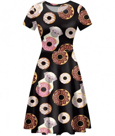 Cover-Ups Midi Dress Women Floral Summer Short-Sleeve Plus Size Scoop Neck A-line - Donut Black - CM1952I5N20 $51.68