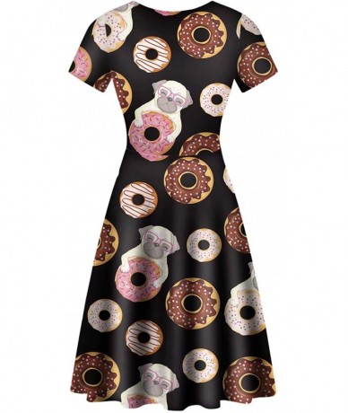 Cover-Ups Midi Dress Women Floral Summer Short-Sleeve Plus Size Scoop Neck A-line - Donut Black - CM1952I5N20 $51.68