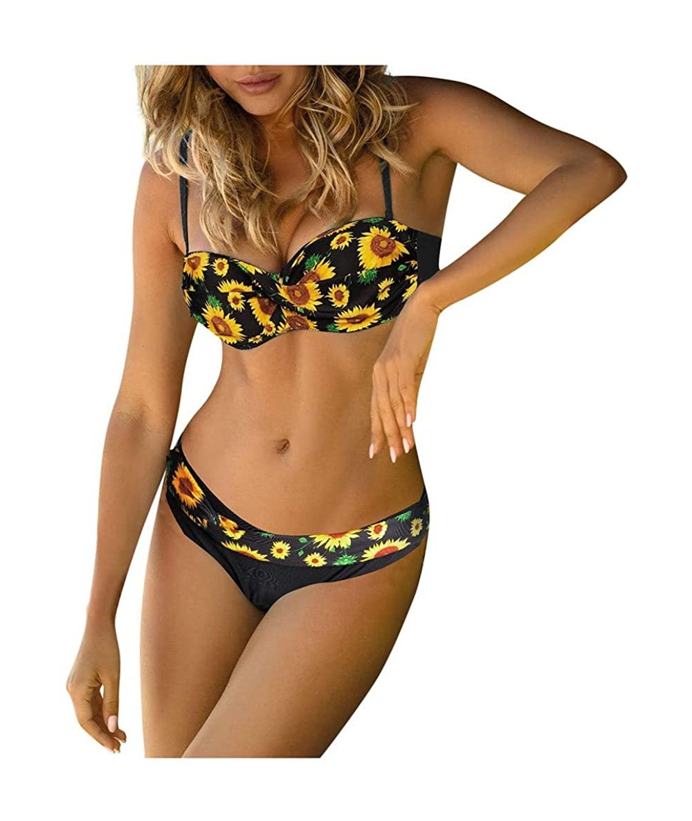 Bottoms Women Swimwear Sunflower Print Beachwear 2 Pieces Bikini Swimsuit Bathing Suit - Yellow - CC194CXA8T5 $29.28