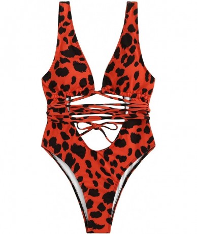 One-Pieces Women's Sexy Leopard Print Deep V Neck Criss Cross One Piece Swimwear - Multi - CP193ITDNL4 $34.00