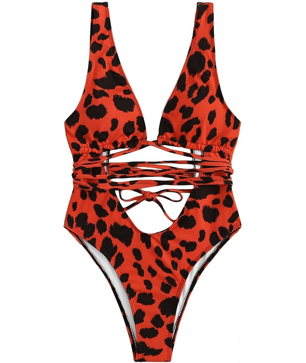 One-Pieces Women's Sexy Leopard Print Deep V Neck Criss Cross One Piece Swimwear - Multi - CP193ITDNL4 $34.00