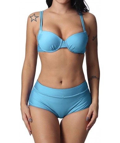 Sets Two Pieces Bathing Suit Women Solid Lace Up Bikini Swimsuits Swimwear Beachwear - Light Blue - C118S6EQKDL $27.70