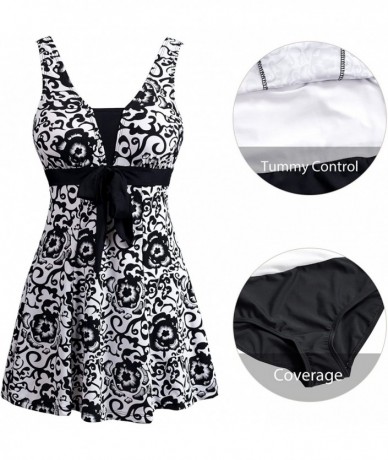 One-Pieces Women's One-Piece Oriental Porcelain Slimming Swimsuit Swimdress - Black Porcelain - CX183KYMIDD $53.38