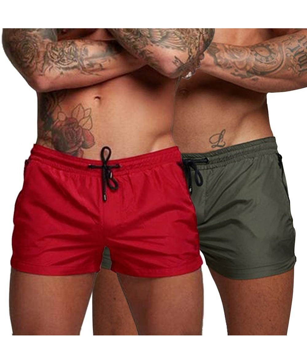 Trunks Mens Running Shorts-Swim Trunks-Quick Dry Swim Shorts for Gym Workout Jogging with Zipper Pockets - Red and Green - CZ...