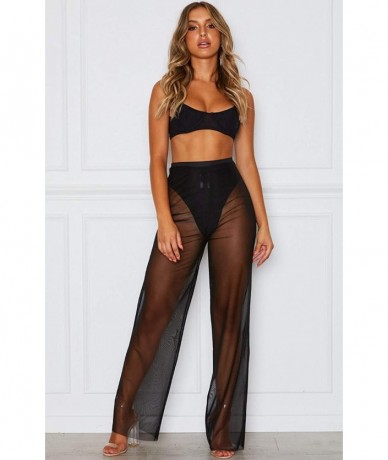 Cover-Ups Women See Through Sheer Mesh Long Pants Girl High Waist Wide Leg Trousers Bikini Swimsuit Cover-ups - Black - C818S...