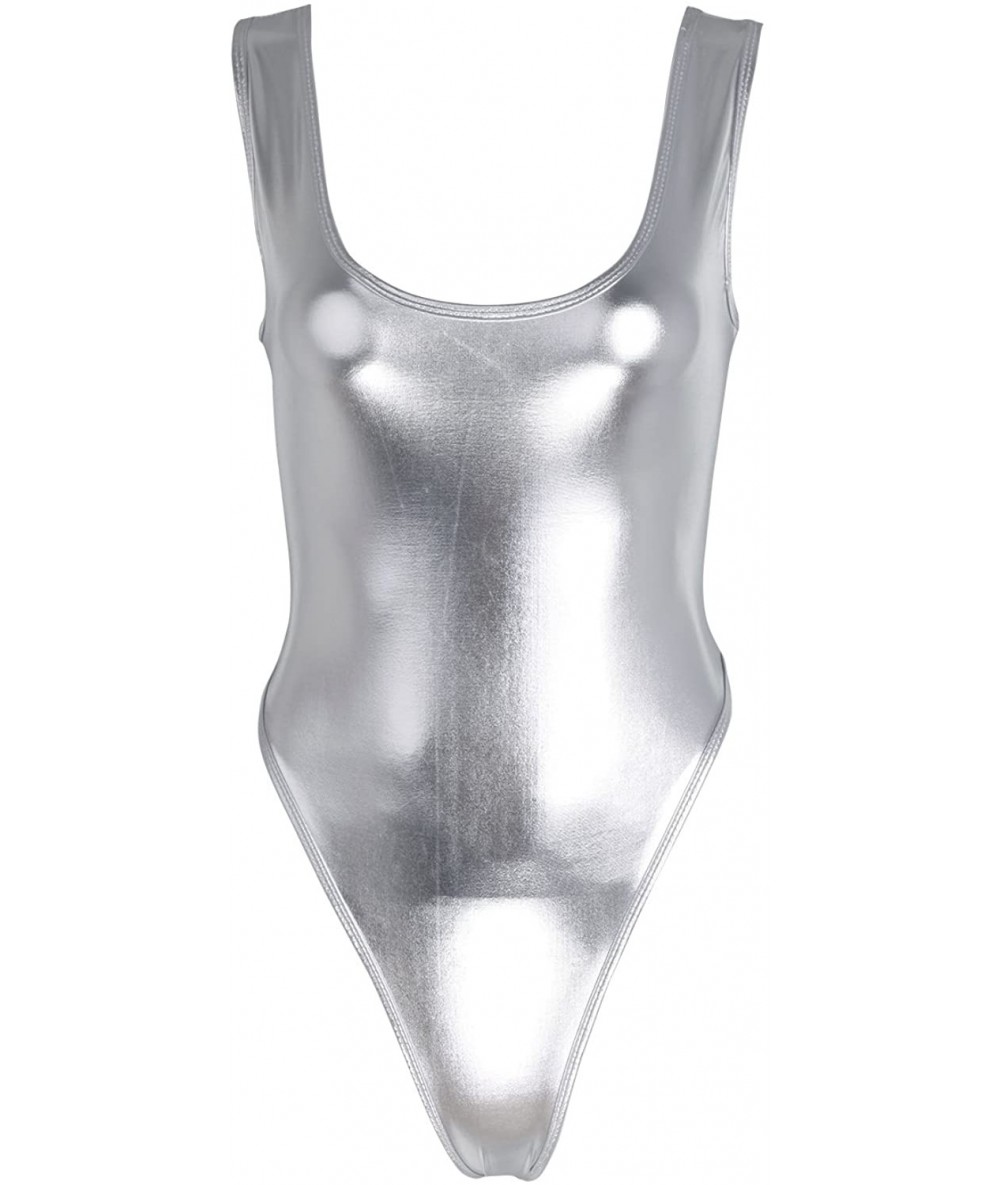 Racing Womens Sleeveless High Cut Patent Leather Thong Gymnastics Leotard - Silver - CJ18U2YHQHA $34.34