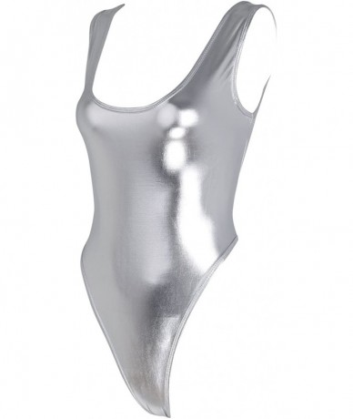 Racing Womens Sleeveless High Cut Patent Leather Thong Gymnastics Leotard - Silver - CJ18U2YHQHA $34.34