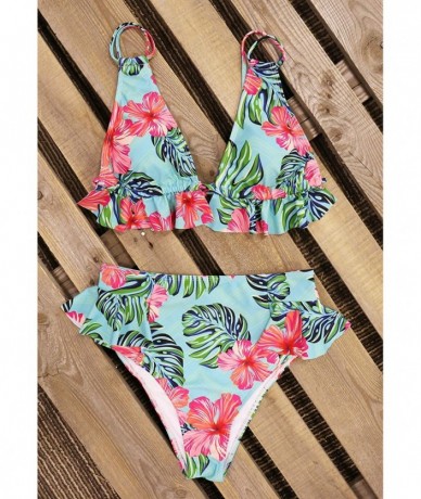 Sets Women High Waisted Swimsuit Ruffle V Neck Bikini Two Pieces Swimwear - Floral 7 - C0194IW5O80 $47.27