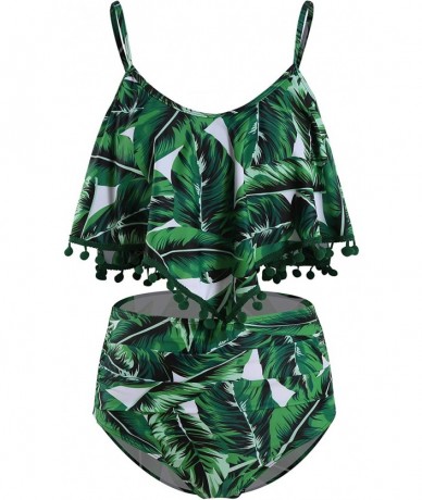 Tankinis Woemn Bikini Two Piece High Waisted Swimsuit Ruffled Flounce Tassel Bathing Suits - Forest Green Leaves - CL19DHWNMW...