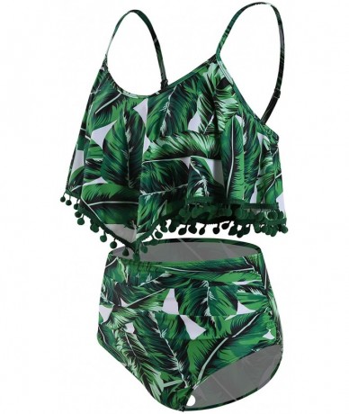 Tankinis Woemn Bikini Two Piece High Waisted Swimsuit Ruffled Flounce Tassel Bathing Suits - Forest Green Leaves - CL19DHWNMW...