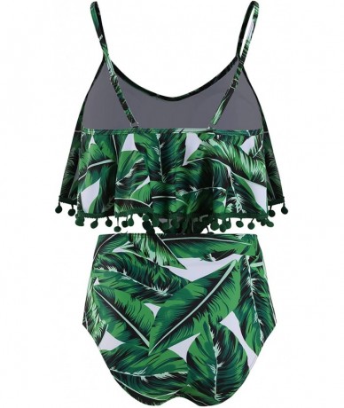 Tankinis Woemn Bikini Two Piece High Waisted Swimsuit Ruffled Flounce Tassel Bathing Suits - Forest Green Leaves - CL19DHWNMW...