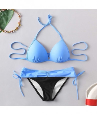 Sets Women's Swimsuit Halter Halter Strap Solid Print Bikini Set(A3-Sky Blue-XL) - A3-sky Blue - CZ196U374XS $26.75