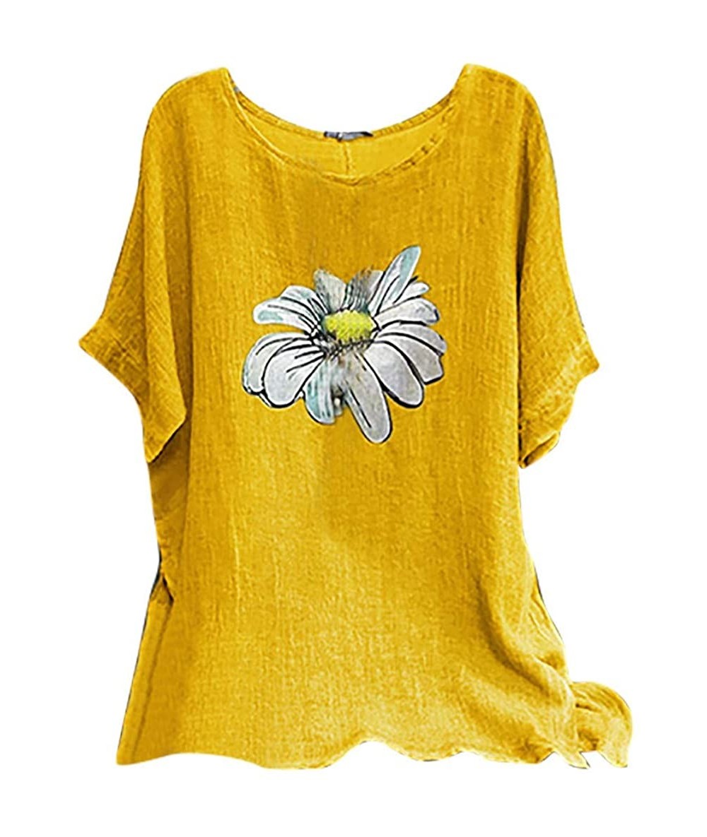 Rash Guards Women's Casual Loose Short Sleeve Floral Print Round Collar Cotton Linen Shirt Blouse Tops - Yellow - C01992KXAOI...