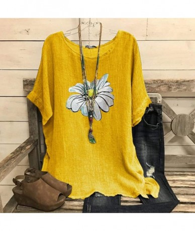 Rash Guards Women's Casual Loose Short Sleeve Floral Print Round Collar Cotton Linen Shirt Blouse Tops - Yellow - C01992KXAOI...