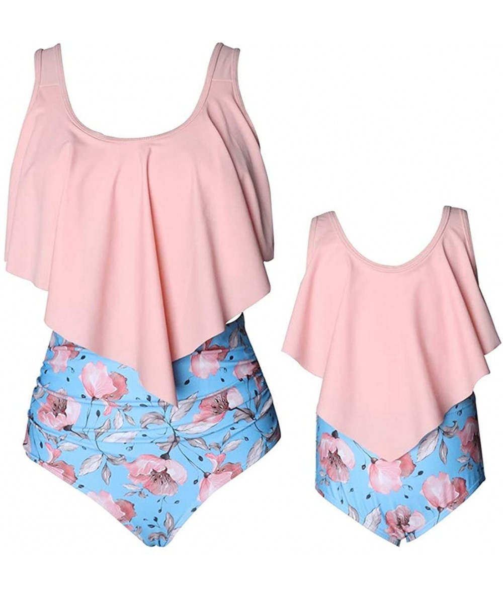 Sets Mother Daughter Swimsuits Matching Cute 2pcs Matching Swimwear High Waist Bikini Sets - Pink Flower - CP1999GWIA9 $30.13