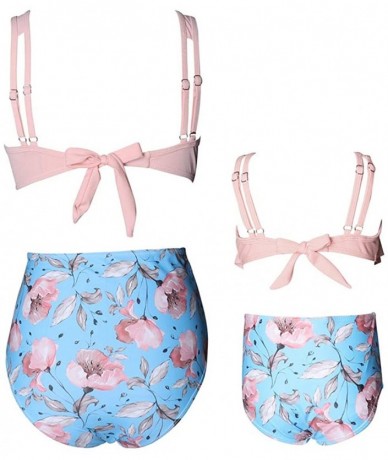 Sets Mother Daughter Swimsuits Matching Cute 2pcs Matching Swimwear High Waist Bikini Sets - Pink Flower - CP1999GWIA9 $30.13