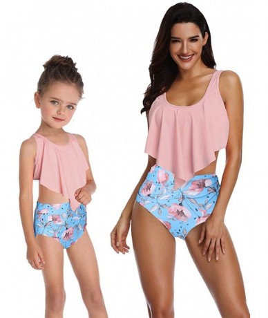 Sets Mother Daughter Swimsuits Matching Cute 2pcs Matching Swimwear High Waist Bikini Sets - Pink Flower - CP1999GWIA9 $30.13