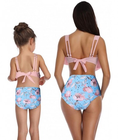 Sets Mother Daughter Swimsuits Matching Cute 2pcs Matching Swimwear High Waist Bikini Sets - Pink Flower - CP1999GWIA9 $30.13