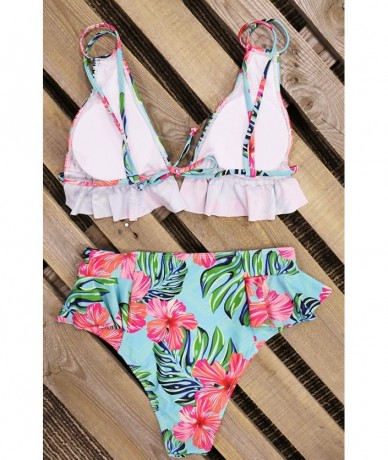 Sets Women High Waisted Swimsuit Ruffle V Neck Bikini Two Pieces Swimwear - Floral 7 - C0194IW5O80 $47.27