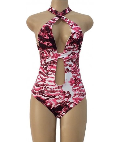 One-Pieces Women One Piece Halter Wrap Fitness Sexy Snake Skin Pattern Print Backless Swimsuit - Plunge Purple Red - CA1809H4...