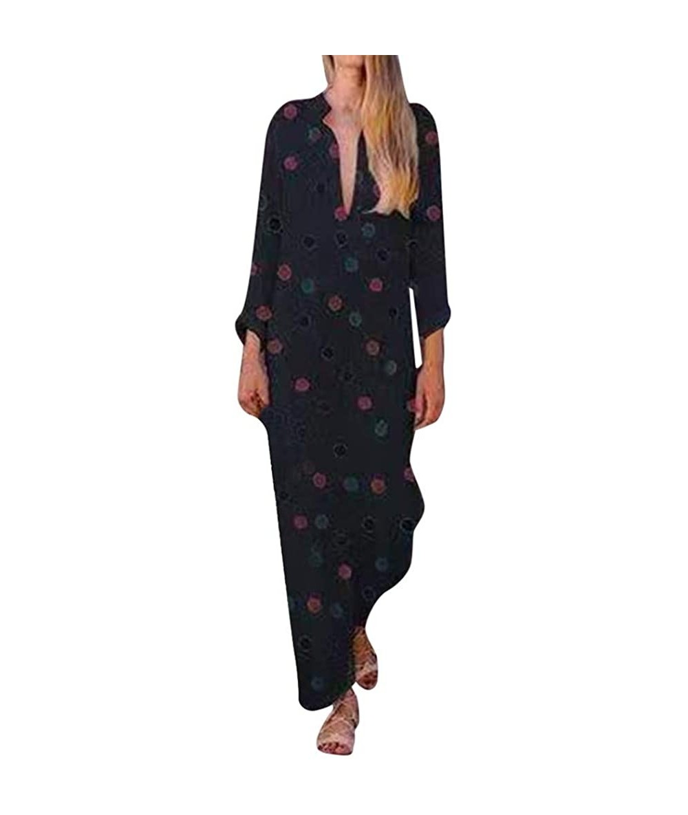 Cover-Ups Women's Fashion Printed Long Sleeve V-Neck Silky Vintage Elegant Maxi Dress Split Hem Baggy Kaftan Long Dress - Bla...