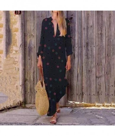 Cover-Ups Women's Fashion Printed Long Sleeve V-Neck Silky Vintage Elegant Maxi Dress Split Hem Baggy Kaftan Long Dress - Bla...