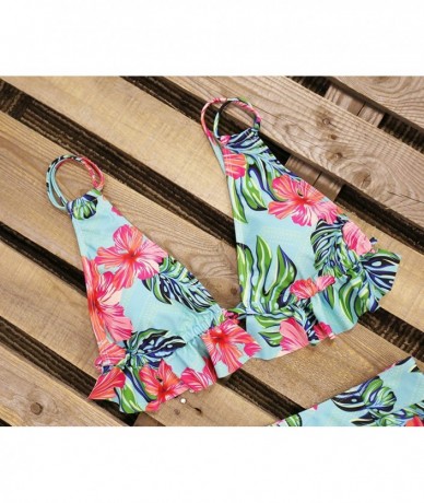 Sets Women High Waisted Swimsuit Ruffle V Neck Bikini Two Pieces Swimwear - Floral 7 - C0194IW5O80 $47.27