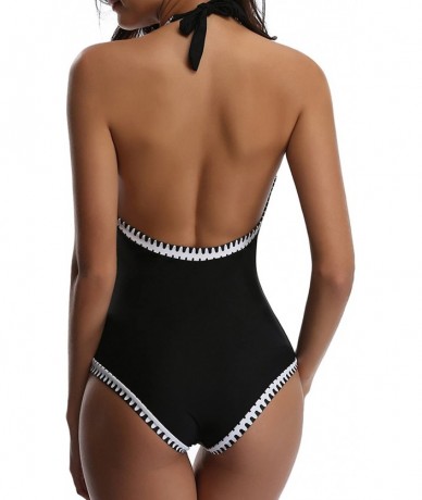 One-Pieces Women One Piece Vintage Deep V Neck Halter Backless Monokini Swimsuits - D-black - CL18SYAS706 $49.85