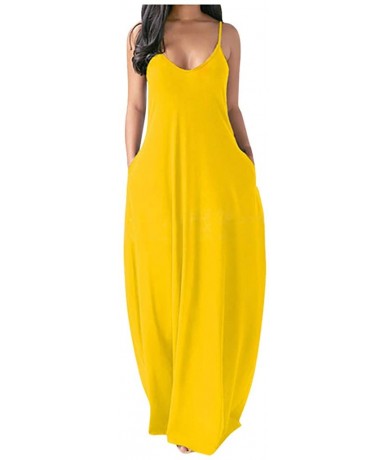 Cover-Ups Women's Plus Size Maxi Long Dresses Casual Summer Sleeveless Boho Loose Beach Party Dress with Pockets - Yellow - C...