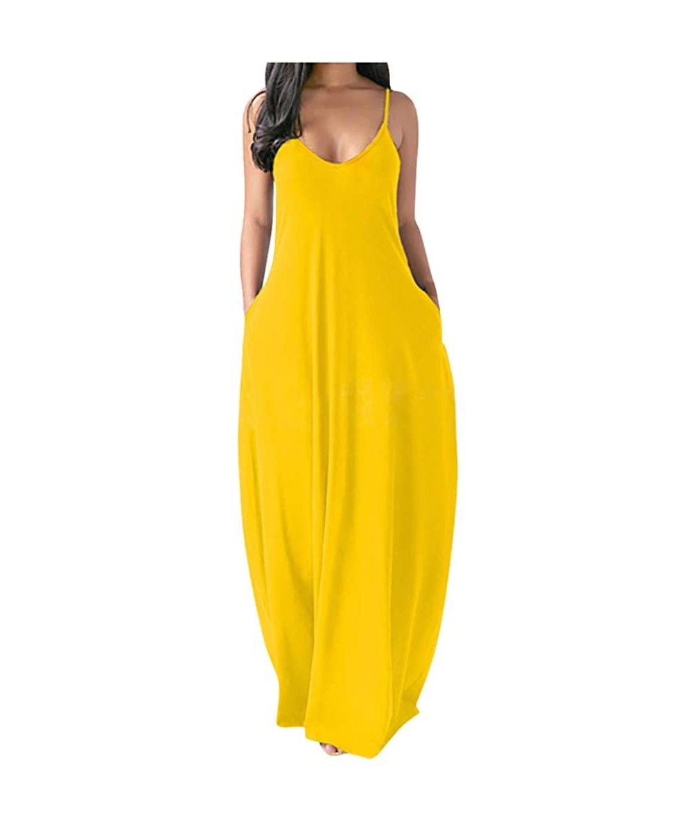 Cover-Ups Women's Plus Size Maxi Long Dresses Casual Summer Sleeveless Boho Loose Beach Party Dress with Pockets - Yellow - C...