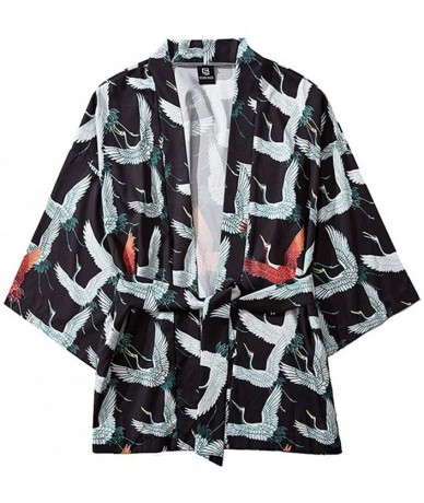 Rash Guards Blouse- Summer Japanese Five Point Sleeves Kimono Mens and Womens Cloak Jacke Top Blouse - Black - CQ18XM84TQ0 $3...