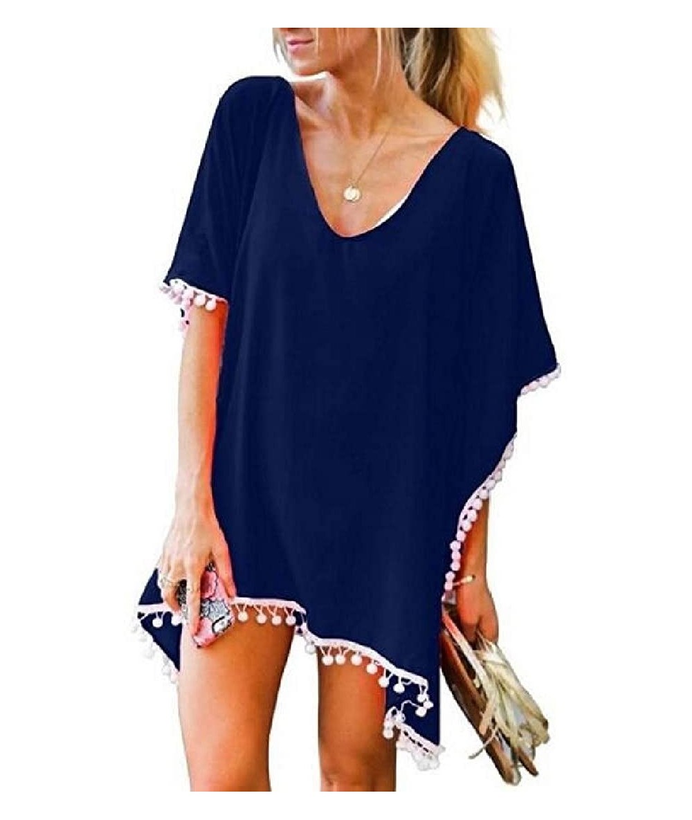 Cover-Ups Beach Chiffon Loose Pom Pom Swimwear Maxi Cover Up Dress - 2 - CE18RK4K5S9 $29.53