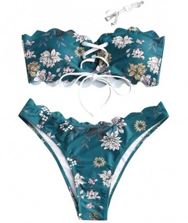 Sets Women's Two-Piece Bandeau Lace Up Swimsuit Push-Up Padded Bikini Floral Swimwear Beachwear - Blue - C1195R80O8X $21.24