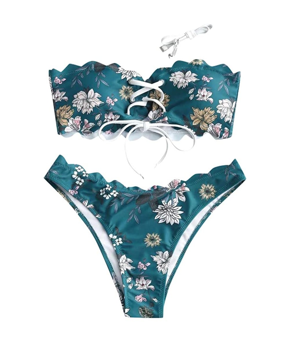 Sets Women's Two-Piece Bandeau Lace Up Swimsuit Push-Up Padded Bikini Floral Swimwear Beachwear - Blue - C1195R80O8X $21.24