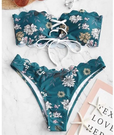 Sets Women's Two-Piece Bandeau Lace Up Swimsuit Push-Up Padded Bikini Floral Swimwear Beachwear - Blue - C1195R80O8X $21.24