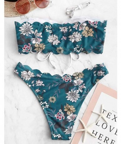 Sets Women's Two-Piece Bandeau Lace Up Swimsuit Push-Up Padded Bikini Floral Swimwear Beachwear - Blue - C1195R80O8X $21.24