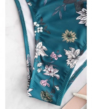 Sets Women's Two-Piece Bandeau Lace Up Swimsuit Push-Up Padded Bikini Floral Swimwear Beachwear - Blue - C1195R80O8X $21.24