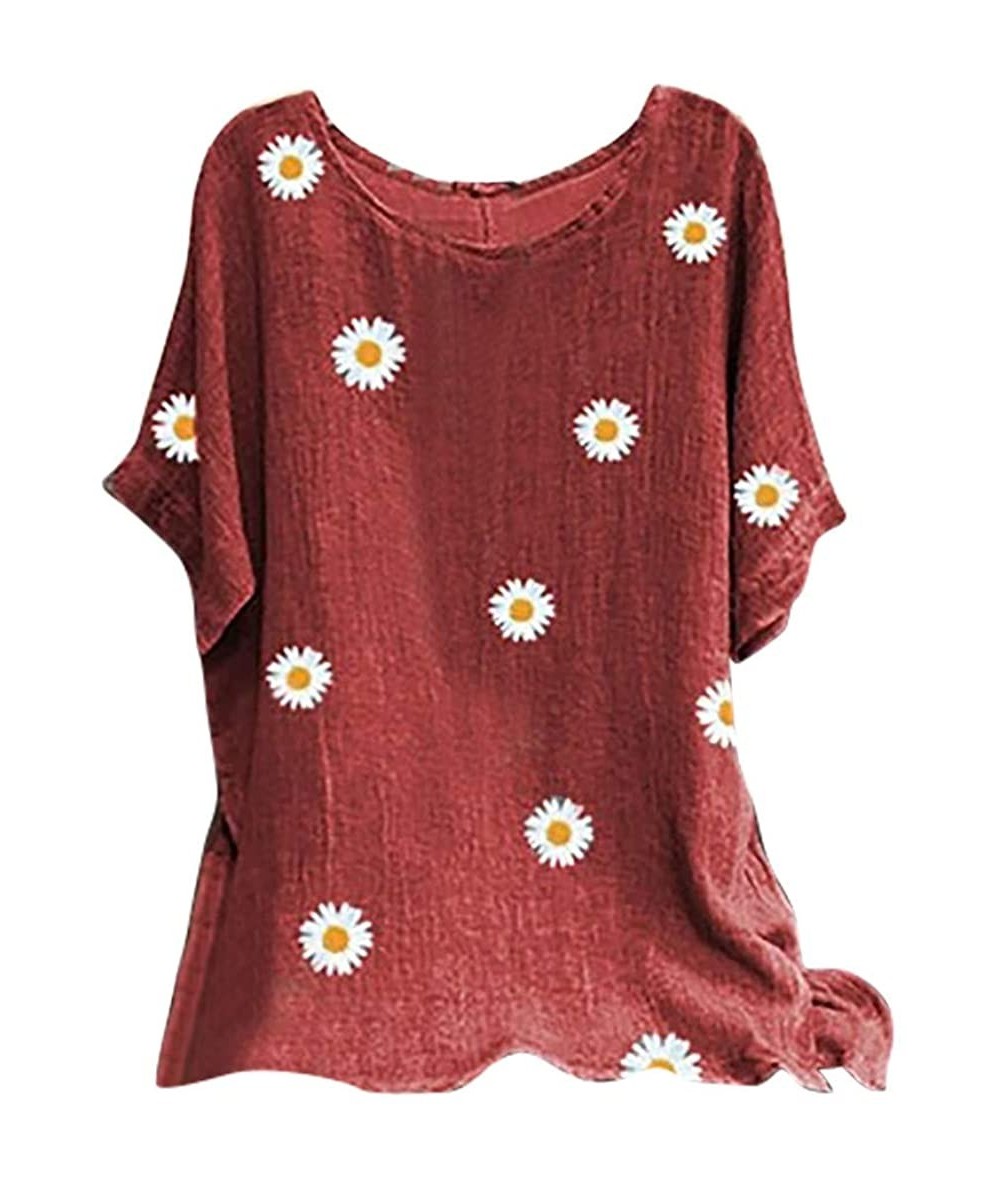 Rash Guards Women's Casual Loose Short Sleeve Floral Print Round Collar Cotton Linen Shirt Blouse Tops - Wine a - C11992IU5IS...