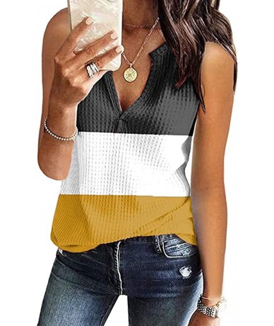 Racing Women's Sleeveless Tops 2020 Summer V Neck Shirts Solid Waffle Knit Loose Fit Tunic Tee - Xxyellow - C2198MZ8MCA $26.47