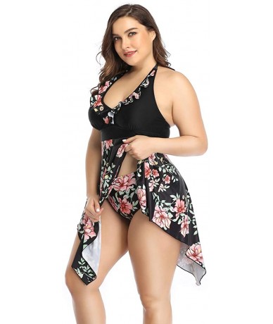 Tankinis Women's Plus Size Swimwear Floral Printed Swimsuit Halter Swimdress Tankini Two Pieces 2XL-6XL Bathing Suit - Red Fl...