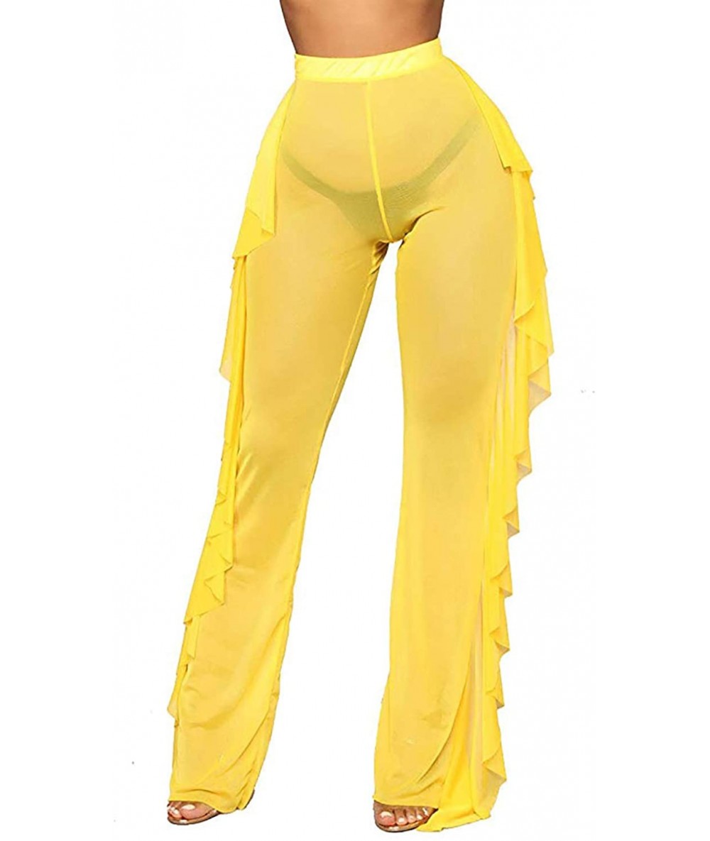 Cover-Ups Women's Perspective Sheer Mesh Sexy See Through Ruffle Long Pants Swimsuit Bikini Bottom Cover up - Yellow - CZ18U6...