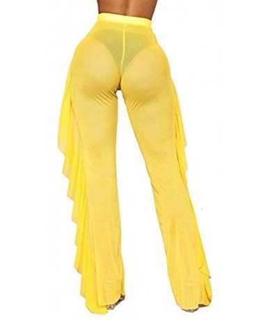 Cover-Ups Women's Perspective Sheer Mesh Sexy See Through Ruffle Long Pants Swimsuit Bikini Bottom Cover up - Yellow - CZ18U6...