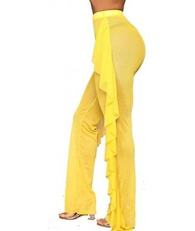 Cover-Ups Women's Perspective Sheer Mesh Sexy See Through Ruffle Long Pants Swimsuit Bikini Bottom Cover up - Yellow - CZ18U6...