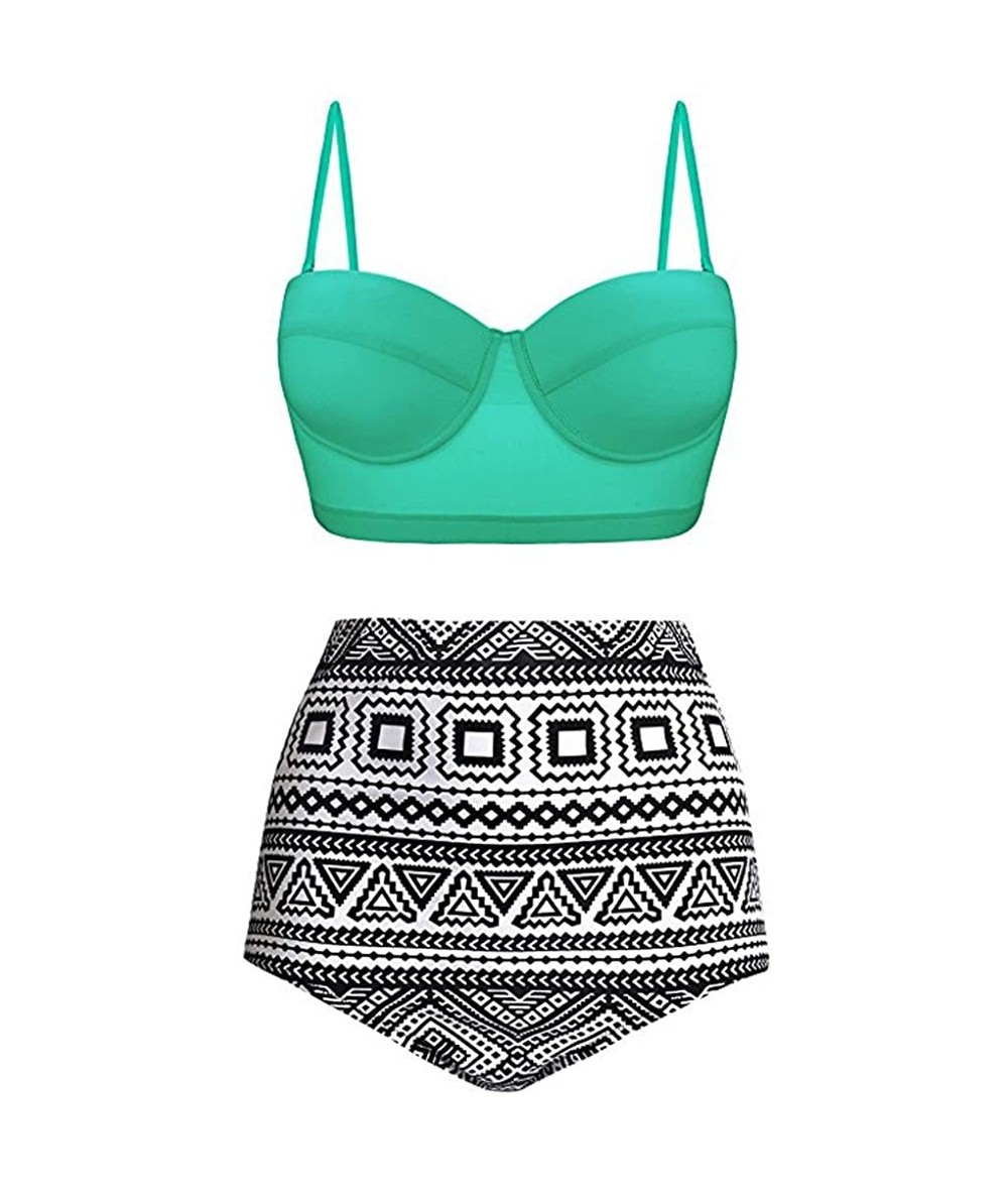 Sets Women High Waisted Bikinis Halter Bandage Swimuit Retro Print Two Piece Bathing Suits Bikini Set - Mint Green - CQ19585C...