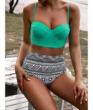 Sets Women High Waisted Bikinis Halter Bandage Swimuit Retro Print Two Piece Bathing Suits Bikini Set - Mint Green - CQ19585C...