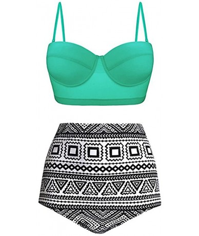 Sets Women High Waisted Bikinis Halter Bandage Swimuit Retro Print Two Piece Bathing Suits Bikini Set - Mint Green - CQ19585C...