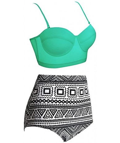 Sets Women High Waisted Bikinis Halter Bandage Swimuit Retro Print Two Piece Bathing Suits Bikini Set - Mint Green - CQ19585C...