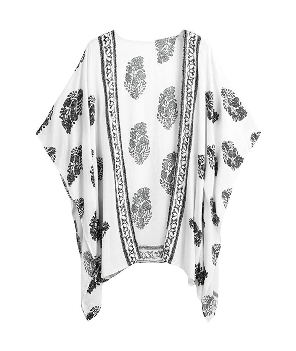 Cover-Ups Womens Kimono Cardigan- Boho Loose Half Sleeve Cover Up Smock Tops Blouses - 2 White - C918TQEDY6W $29.62