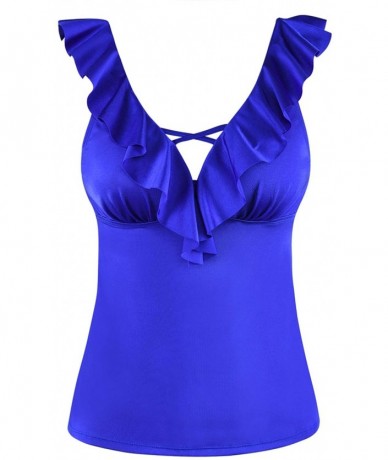 Tankinis Womens Tankini Ruffled V Neck Swimsuits Tops Sexy Beach Swimwear - Fluorescent Blue - CN190ZCMUIY $45.70